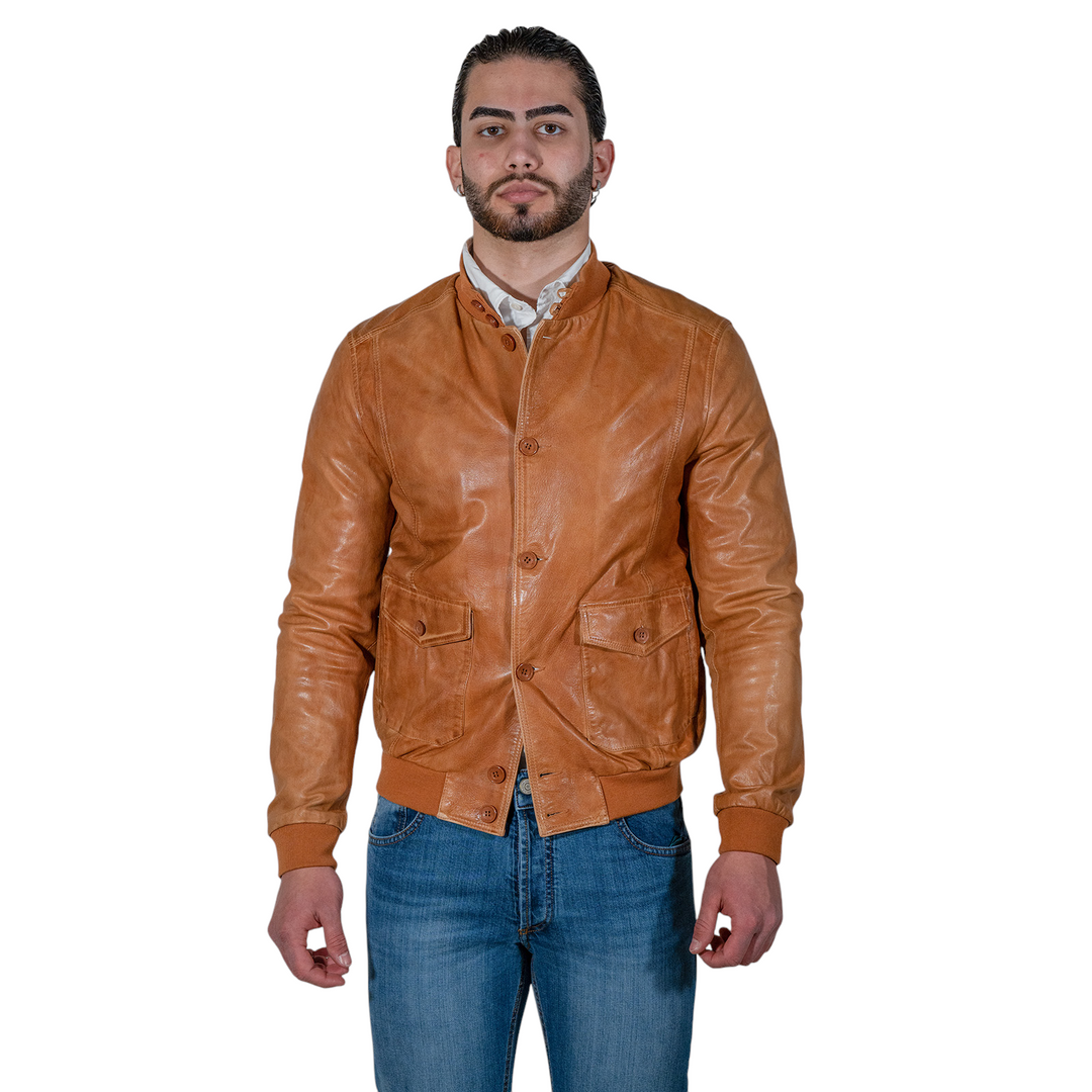 COGNAC LEATHER BUTTONED JACKET