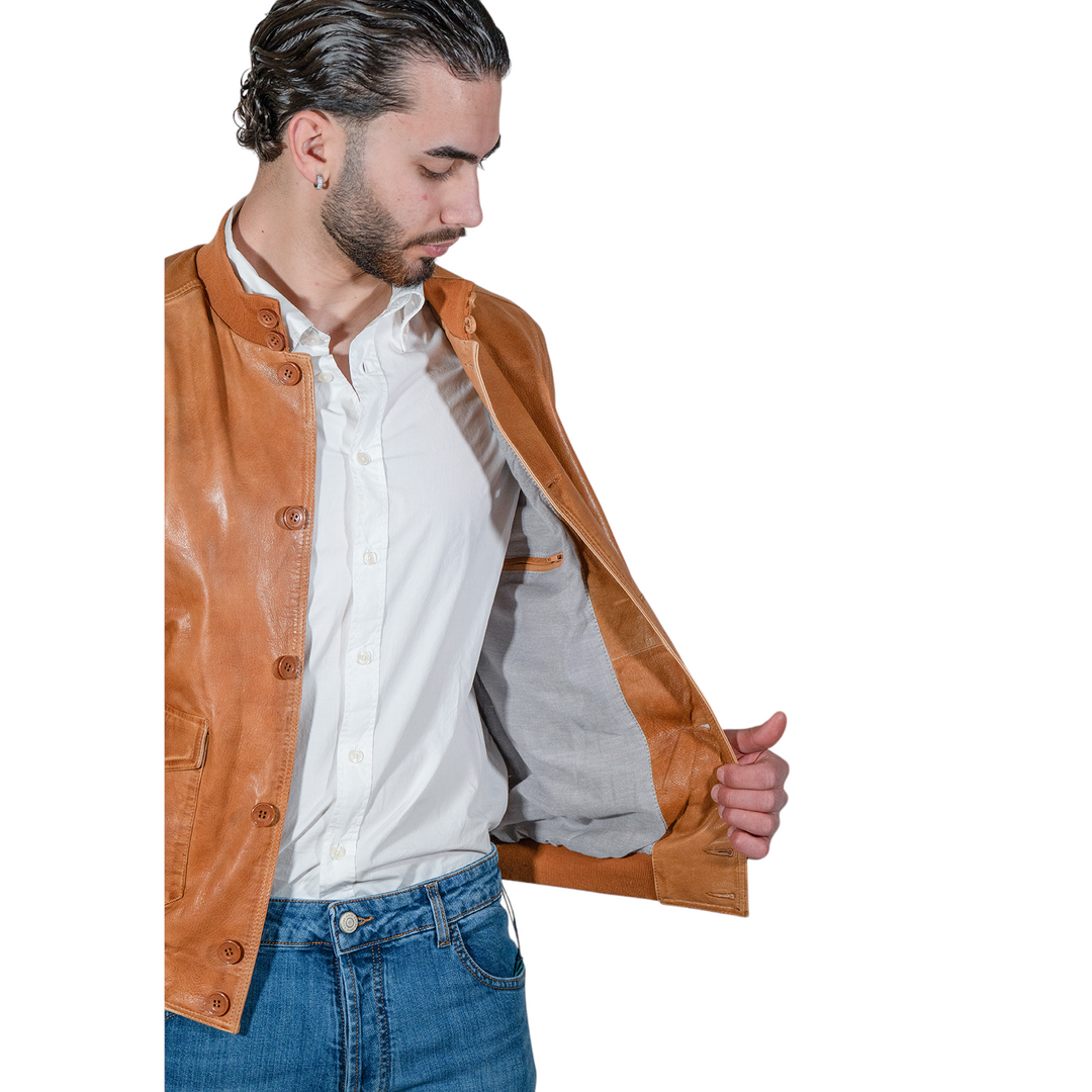 COGNAC LEATHER BUTTONED JACKET