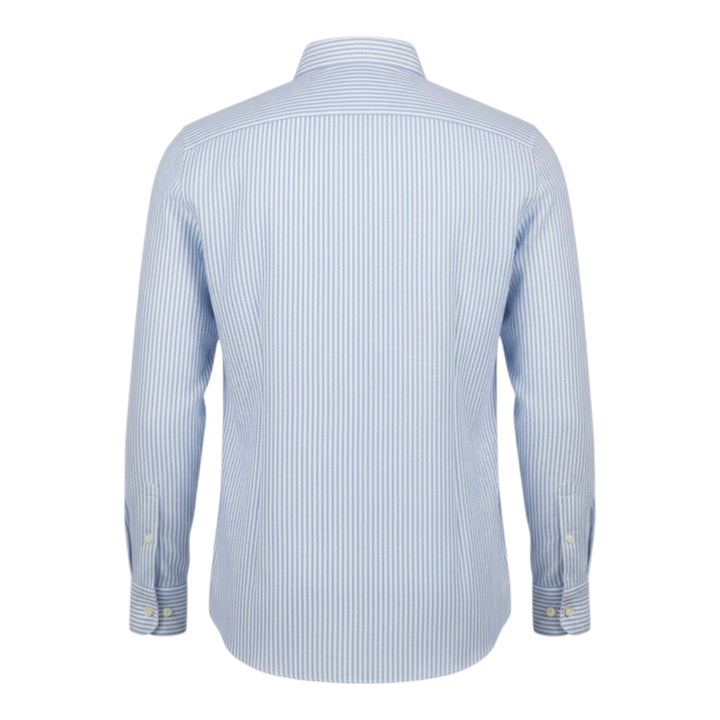 Camicia Manica Lunga Custom Fit 100%Lino Rigata Celeste-Bianco Washed