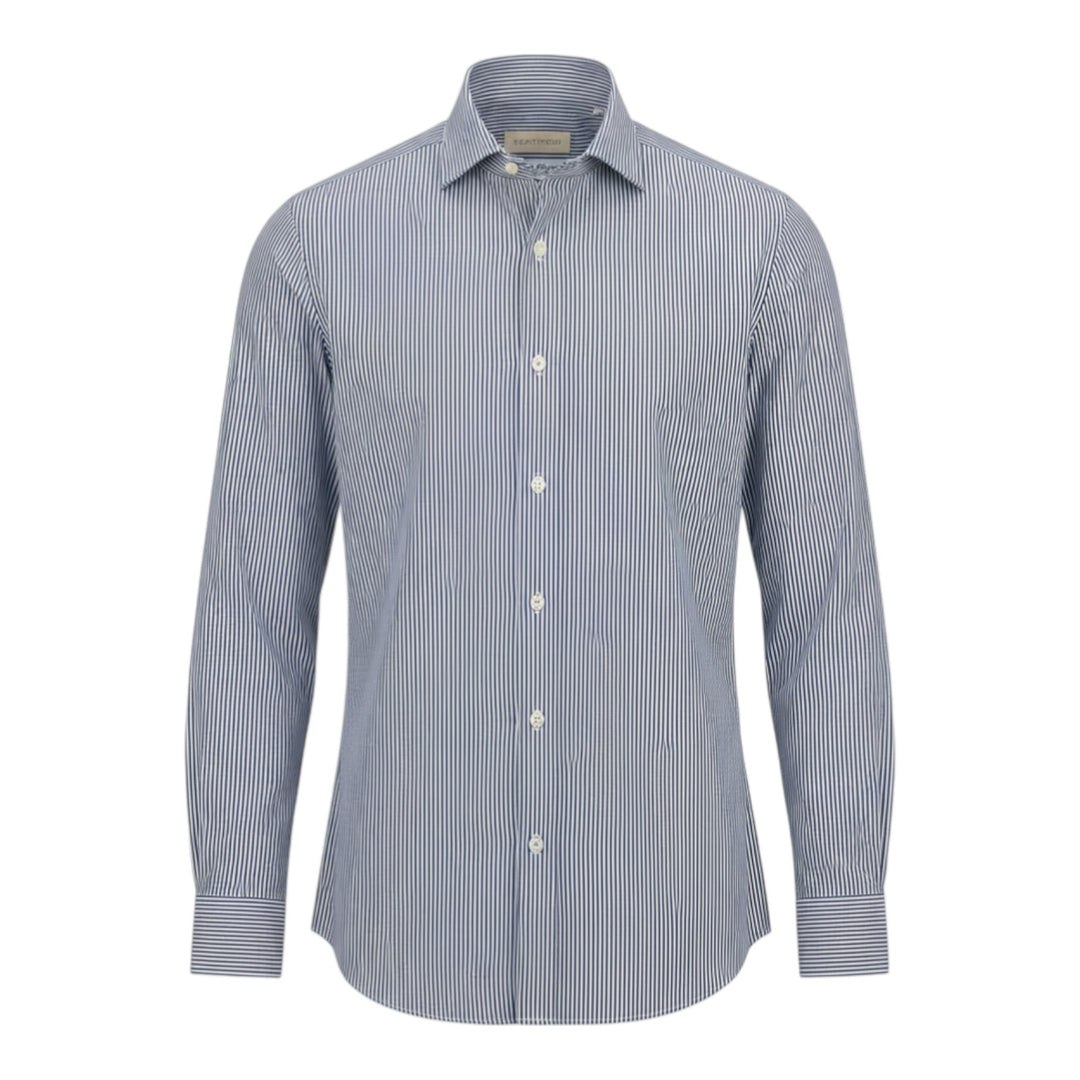 Custom Fit Long Sleeve Shirt in Blue and White Striped Cotton