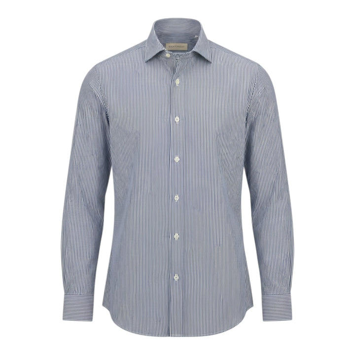 Custom Fit Long Sleeve Shirt in Blue and White Striped Cotton