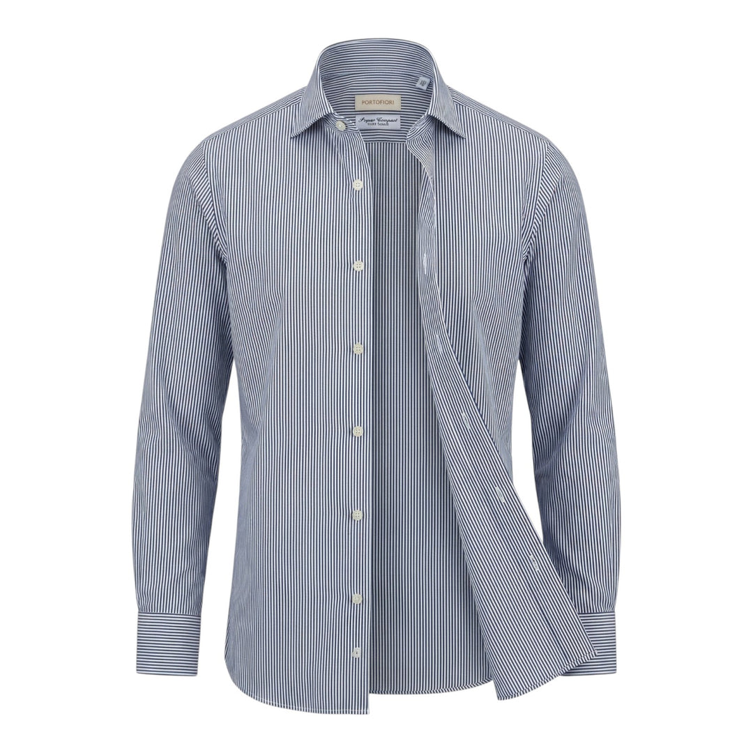 Custom Fit Long Sleeve Shirt in Blue and White Striped Cotton
