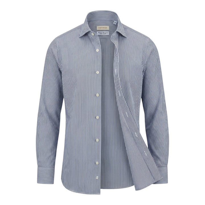 Custom Fit Long Sleeve Shirt in Blue and White Striped Cotton