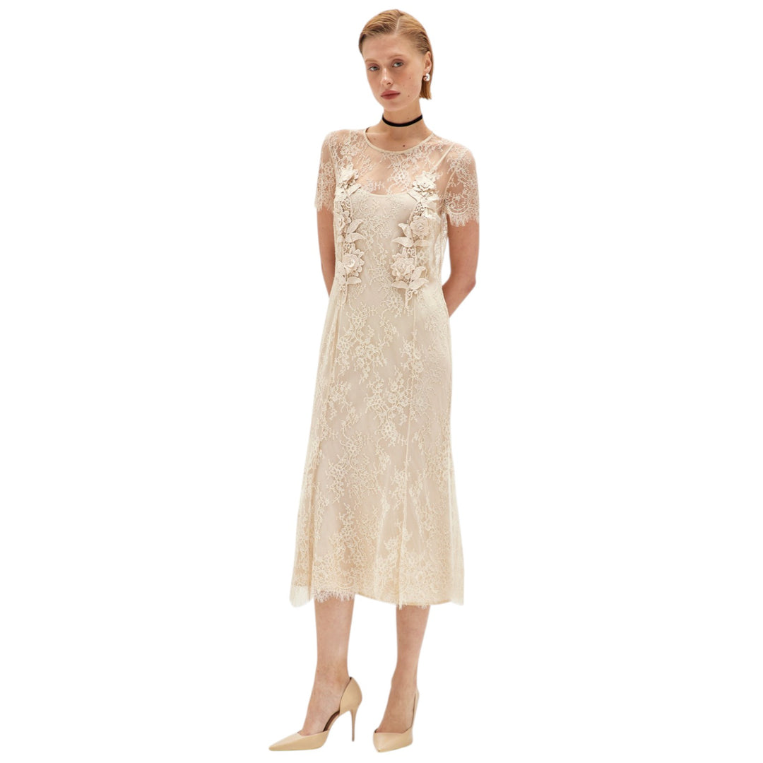 BEIGE PATCH LACE DRESS