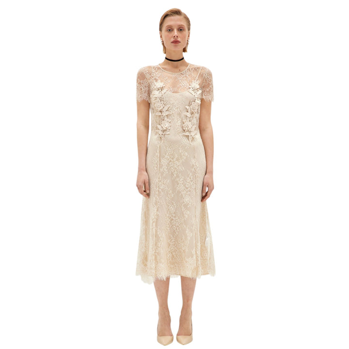 BEIGE PATCH LACE DRESS
