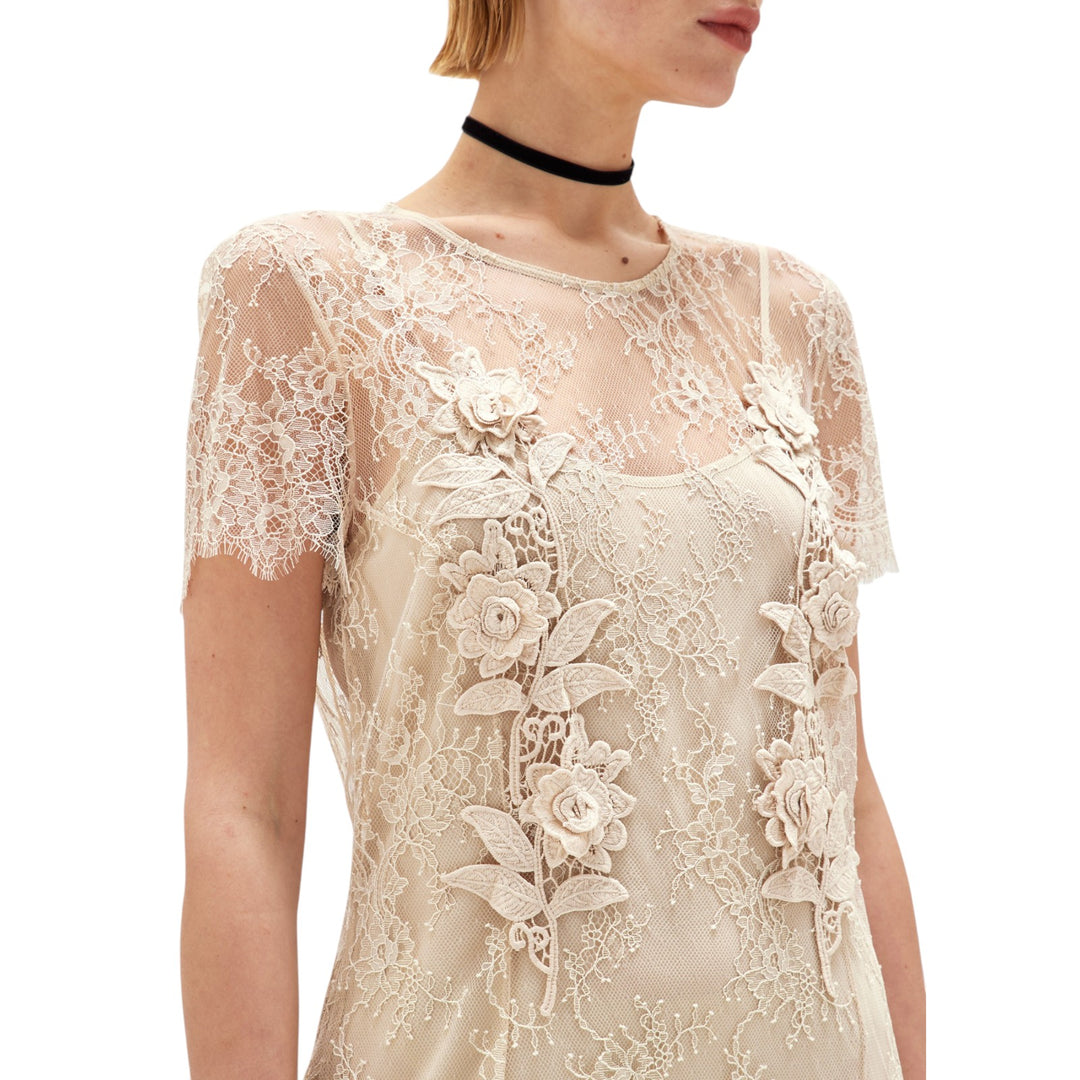 BEIGE PATCH LACE DRESS