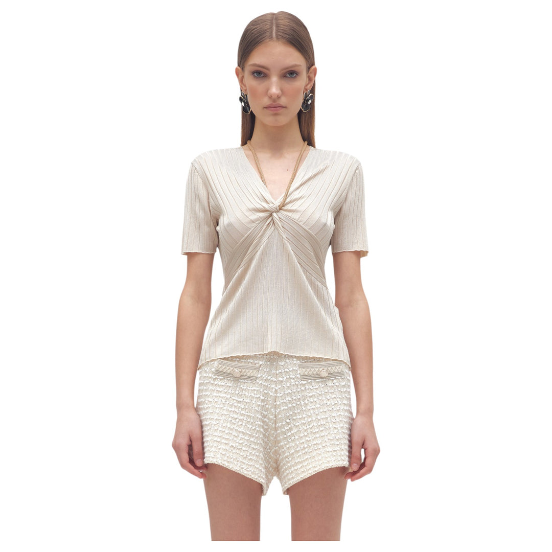 BEIGE SHINY VISCOSE V-NECK SWEATER