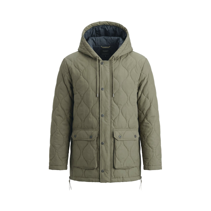 Giacca Military Hooded Down trapuntata verde oliva Taion, vista frontale