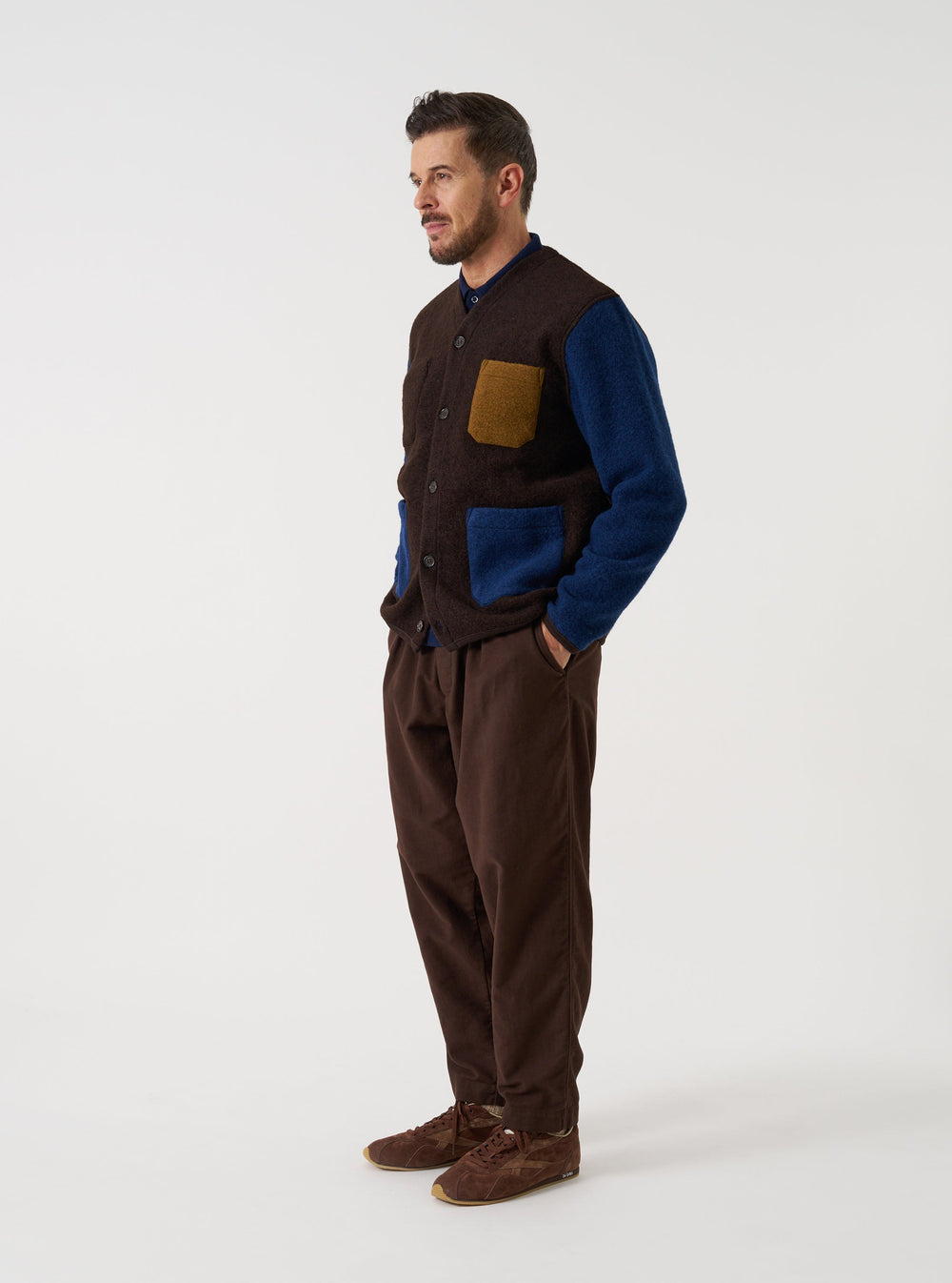 Universal Works Cardigan Wool Fleece Brown/Indigo Marrone - foto 2