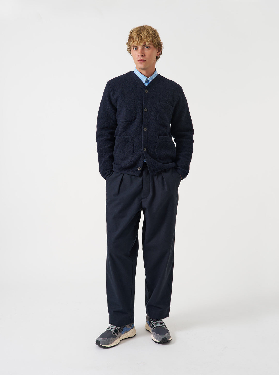 Universal Works Cardigan Wool Fleece Navy Blu - foto 2