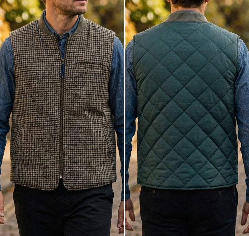 Bl'ker Vintage reversible houndstooth vest, worn both ways: houndstooth side on the left, green diamond-quilted side seen from behind on the right.